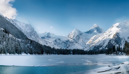 Snow Covered Mountains By A Frozen Lake