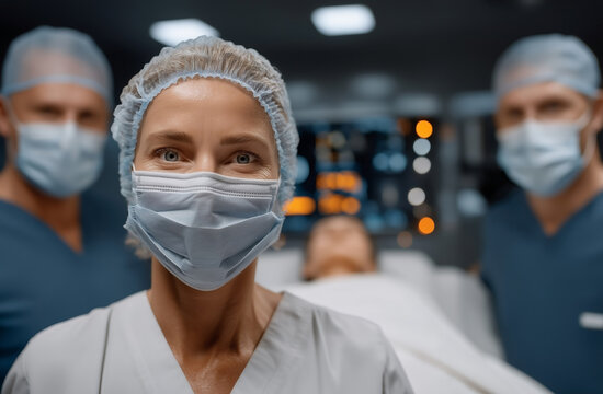 Female radiology technician wearing mask in surgical room with patient on bed and medical team behind