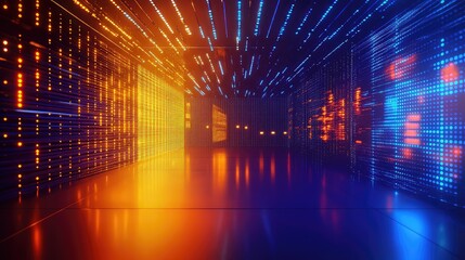 Digital data moving in futuristic server room tunnel