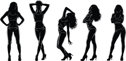 Collection of female silhouettes in stylish poses, fashion model figures, elegant woman outlines for design, artwork, fitness, beauty, and illustration projects
