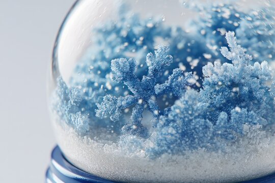 Winter Wonderland in a Globe: Delicate blue snowflakes are captured within a glass globe, creating a miniature winter scene that evokes a sense of wonder.  - Powered by Adobe