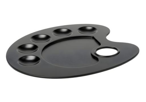 Artist s black paint palette with circular wells isolated on transparent background