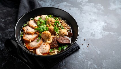 Close-up of a bowl of savory Asian noodle soup with meat and greens