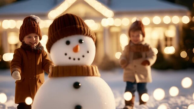 Children building snowman by warm lights, cozy winter evening, knitted hats and scarves, snowball stacking, carrot nose, button eyes, shared laughter, twinkling
