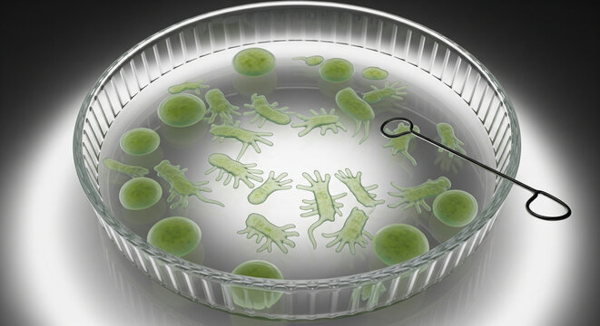 3D Rendered Bacteria and Protozoa Growing in Petri Dish
A high-quality, conceptual 3D render showing various types of microscopic organisms—including bacteria - Powered by Adobe