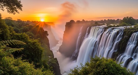 Fototapeta premium Victoria Falls sunset landscape with lush vegetation