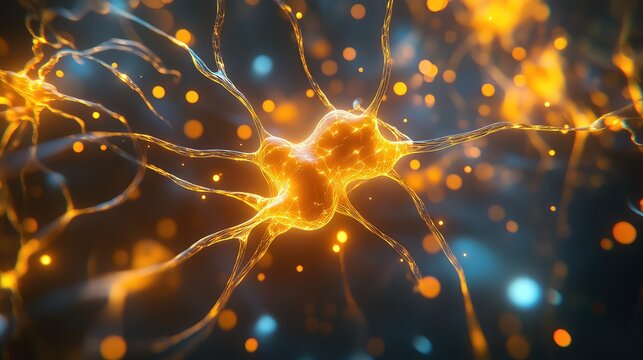 Glowing neuron transmitting impulses in nervous system network