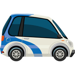 White and Blue Compact Electric Vehicle with Tinted Windows and Sleek Design on Transparent Background