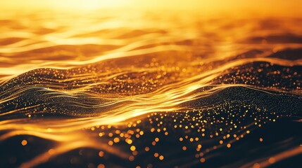 Golden glowing particles flowing across abstract wave surface