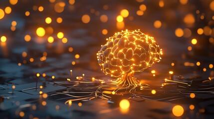 Digital brain creating network connections and glowing data points