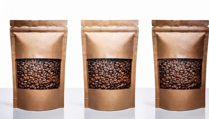Three Kraft Paper Coffee Pouches Each With A Window Showing Roasted Coffee Beans