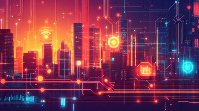 Smart city connecting digital network lines over urban buildings - Powered by Adobe