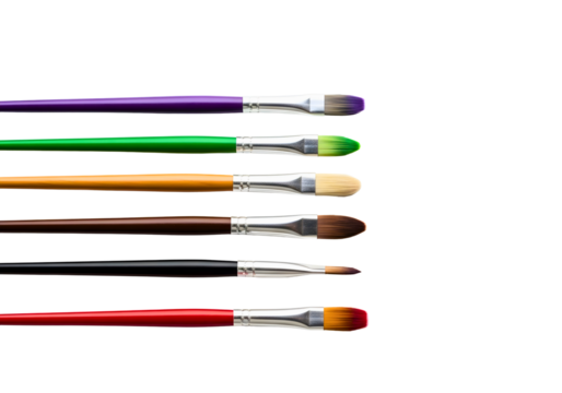 Collection of artist paint brushes with colored handles isolated on transparent background