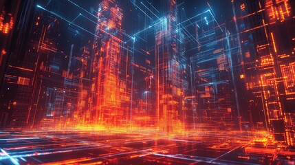 Digital city displaying data streams and glowing network connections