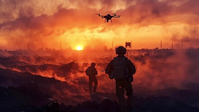 Silhouettes of two armed soldiers walking through a smoking, destroyed urban battlefield under the watchful eye of a military reconnaissance drone flying overhead against a dramatic orange sunset