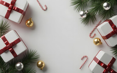 Elegant Christmas Frame with Gifts, Pine Branches, and Candy Canes