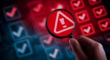 A hand holds a magnifying glass over a red alert symbol, emphasizing the importance of caution in the digital age.