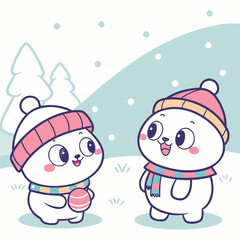Winter Wonderland Companions: Two charming polar bear characters bundled in cozy winter attire share a heartwarming moment within a snowy landscape, exuding playful glee.