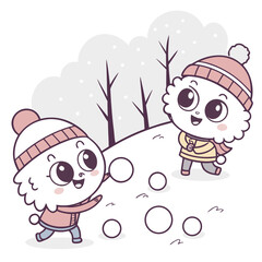Snowball Fun: Animated characters in warm winter attire engage in a playful snowball fight, amidst a snowy landscape of trees and wintery delight. 