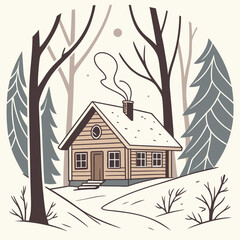 Cozy Cabin in Snowy Forest: An illustration captures the inviting scene of a quaint wooden cabin nestled among snow-covered trees in a tranquil forest. Smoke gently rises from the chimney.