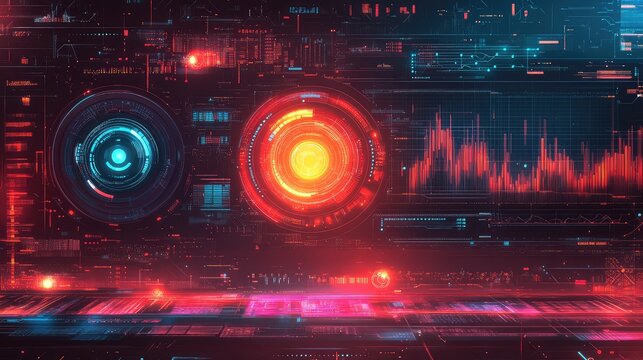 Digital data processing futuristic interface with glowing hud elements