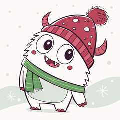Charming Winter Creature: A cute cartoon monster, bundled up in a cozy hat and scarf, frolics in the snow, bringing smiles and cheer with its playful demeanor.