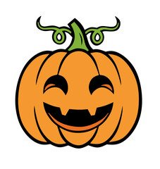 A cheerful orange vector illustration of a carved halloween jack-o'-lantern with a green stem and tendrils, on a black background. 
