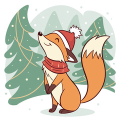 Winter Fox in Wonderland: A cheerful fox, adorned in a cozy hat and scarf, enjoys a snowy winter day surrounded by snow-covered fir trees, celebrating the joy of winter.