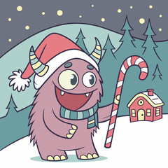 Festive Monster: A jolly monster, donned in a Santa hat and scarf, stands in a snowy wonderland, clutching a candy cane and beside a small house, embodying the playful spirit of winter.