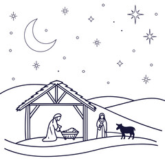 Nativity Scene Illustration: A serene illustration of the nativity scene with the holy family, night sky filled with stars and crescent moon, symbolising the holy birth.