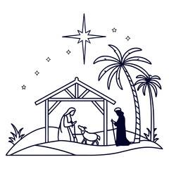 Sacred Scene Silhouette: A depiction of the nativity scene, showcasing a humble manger where a newborn rests, attended by figures in silent reverence, all under the gentle gleam of a guiding star.