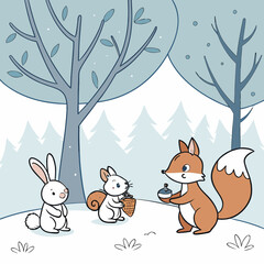 Winter Forest Friendship: A heart-warming illustration depicts a trio of woodland animals: a curious bunny, a charming squirrel, and a friendly fox.