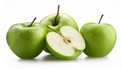 Fresh Sliced And Whole Green Apples On Transparent Background