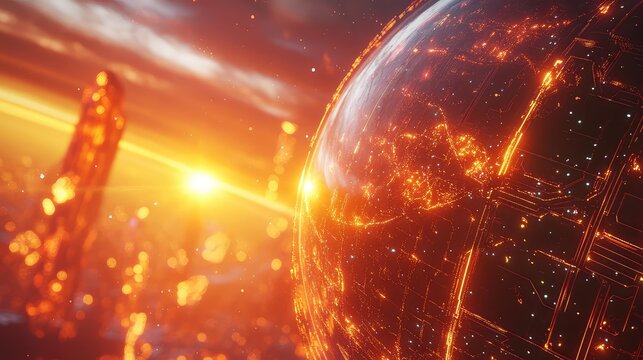 Global digital network illuminating futuristic cityscape at sunrise