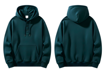 Front and back view of a dark teal hoodie isolated on transparent background