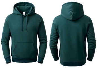 Front and back view of a dark teal hoodie isolated on transparent background
