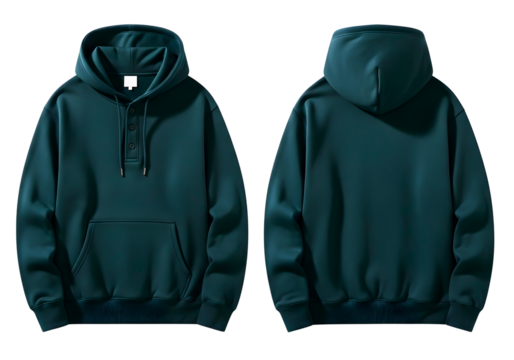 Front and back view of a dark teal hoodie isolated on transparent background