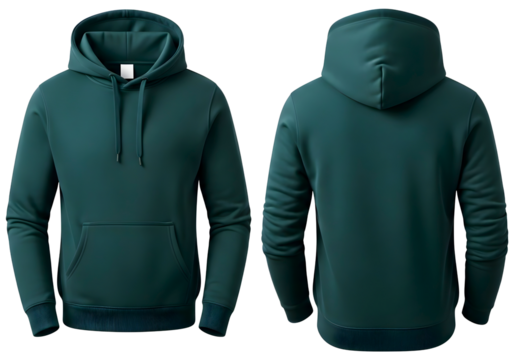Front and back view of a dark teal hoodie isolated on transparent background