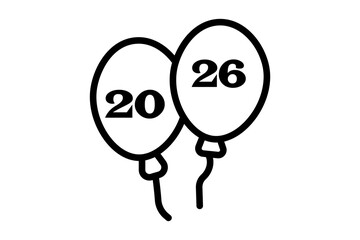The image is a simple, black-and-white line art illustration featuring two oval-shaped balloons tied together, likely symbolizing the year 2026.