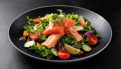 Aromatic Salmon Salad With A Vibrant Array Of Fresh Vegetables And Herbs On A Dark Plate