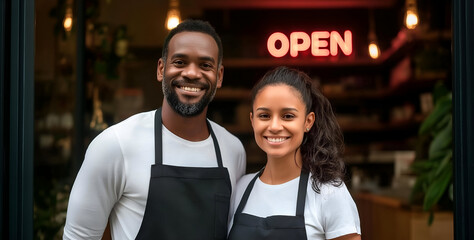 A friendly couple smiles proudly in front of their open cafe, welcoming customers with warm energy and enthusiasm.