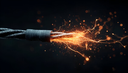 A close-up of a frayed electrical cord emitting sparks, symbolizing danger and electrical hazards in technology.