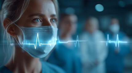 A focused healthcare professional wearing a mask, looking towards a digital heartbeat monitor in a hospital setting.