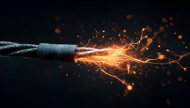 A close-up of a frayed electrical cord emitting sparks, symbolizing danger and electrical hazards in technology.