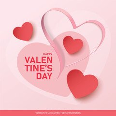 Happy Valentine's Day Greeting Card Minimalist Design; Pink and Red Paper Cut Heart Shapes Background Illustration. Vector Design