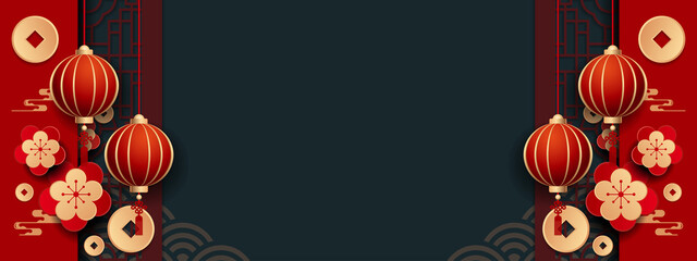 Symmetrical Chinese New Year Banner Frame; Oriental Red and Gold Lanterns on Dark Background; Lunar Greeting Template.