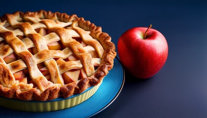 An Apple Pie With A Big Red Apple And Blue Plate