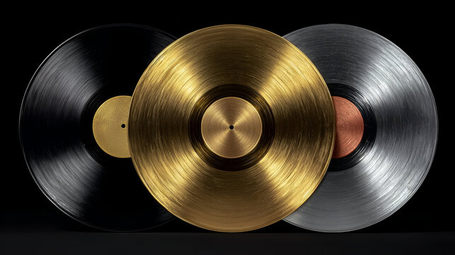 Three vintage vinyl records including gold, silver, and black showcasing a love for music and nostalgia.