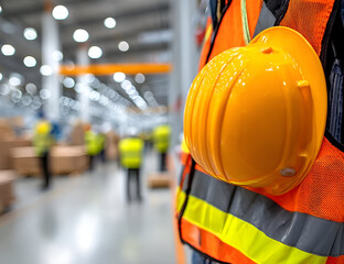 Close-up of a safety helmet worn by a worker in a busy warehouse environment, emphasizing workplace safety.