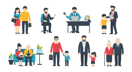 A collection of diverse family and business people in various settings and roles.